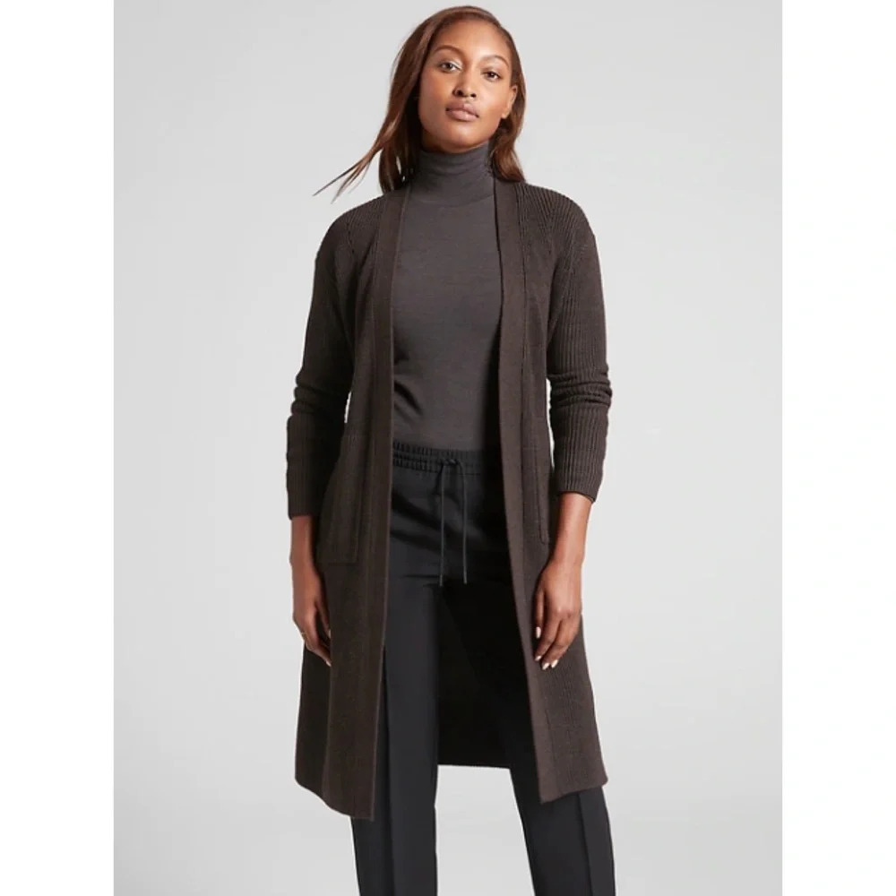 Athleta Scenic Wrap Cardigan Sweater Size XS Walnut Brown Cozy Long Merino Wool - Picture 2 of 10